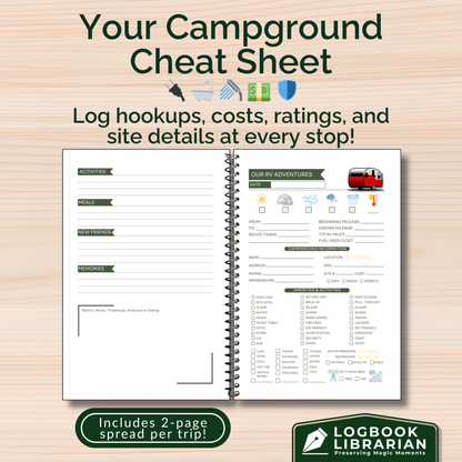 This RV travel journal and personalized road trip log book is perfect for RVers, campers, and motorhome owners who want to capture every adventure. Featuring detailed RV trip planner pages, campground logs, packing lists, checklists, and campsite trackers, this unique RV journal makes an ideal gift for couples, retirees, and anyone living the full-time RV lifestyle. Keep your memories organized and preserved in this custom RV log book 