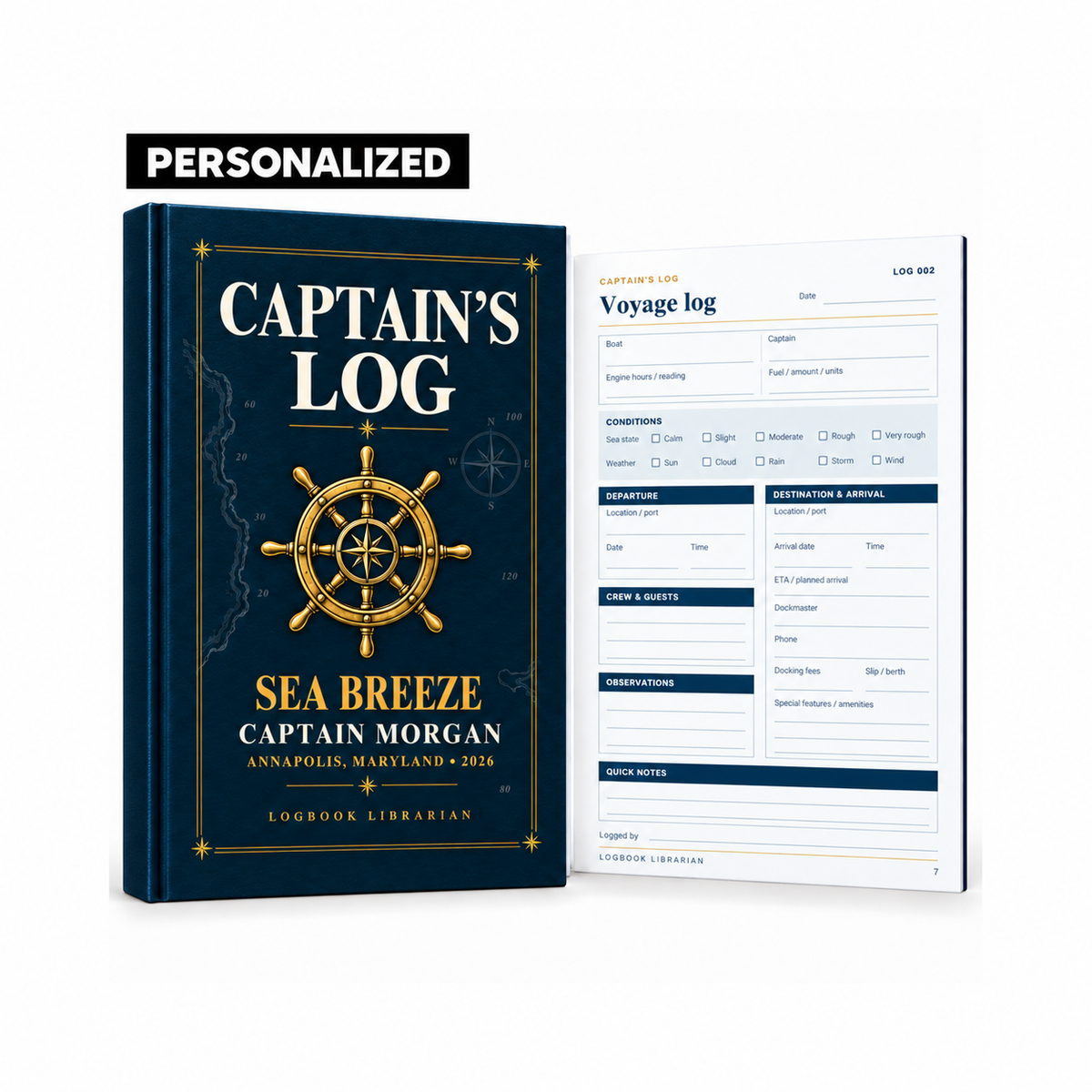 Personalized navy and gold Captain’s Log hardcover with a gold ship’s wheel, custom boat name, and voyage tracking page beside it.