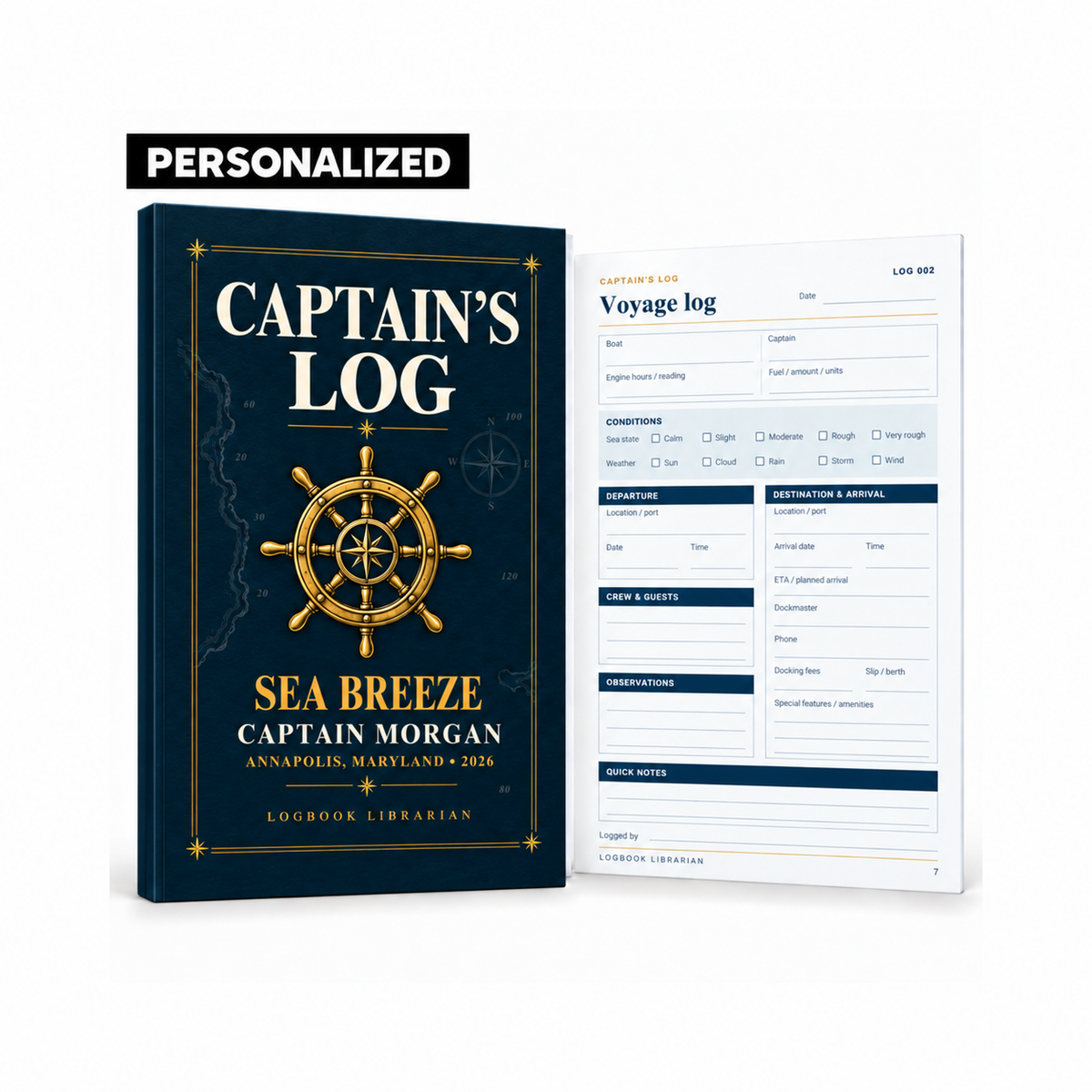 : Personalized navy and gold Captain’s Log paperback with a gold ship’s wheel, custom boat name, and voyage tracking page beside it.