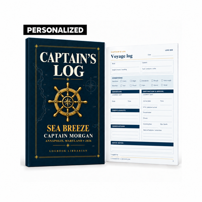 : Personalized navy and gold Captain’s Log paperback with a gold ship’s wheel, custom boat name, and voyage tracking page beside it.