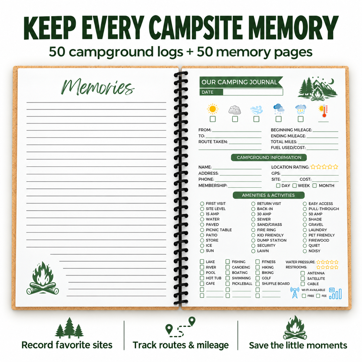 Open black coil camping journal with a lined Memories page on the left and a campground log on the right for weather, mileage, campsite details, amenities and ratings. Includes 50 campground logs and 50 memory pages.
