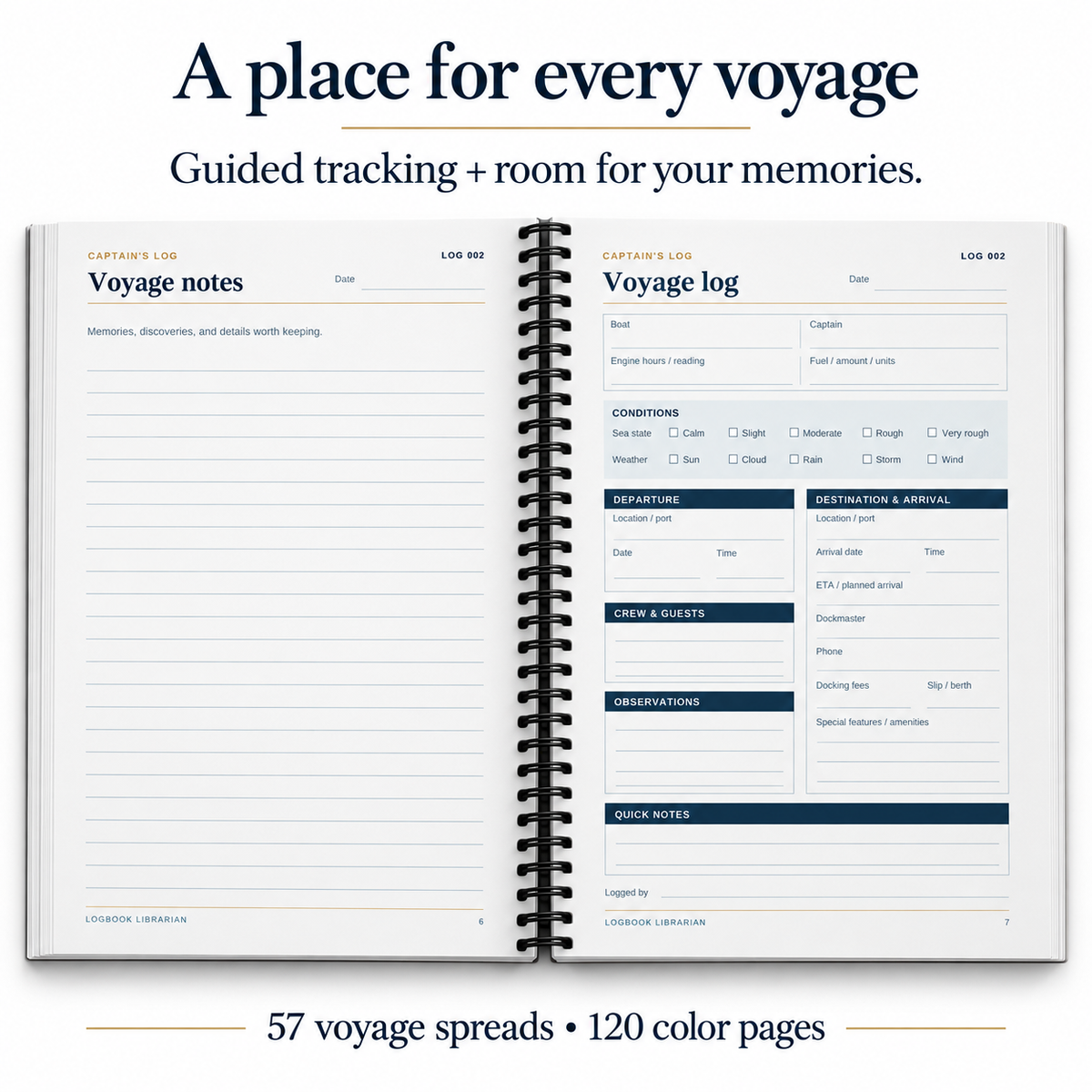 An open spiral-bound travel journal or planner shown from the inside, with printed pages titled 'Voyage notes' and 'Voyage log' and additional text at the top and bottom describing 57 voyage spreads and 120 color pages.