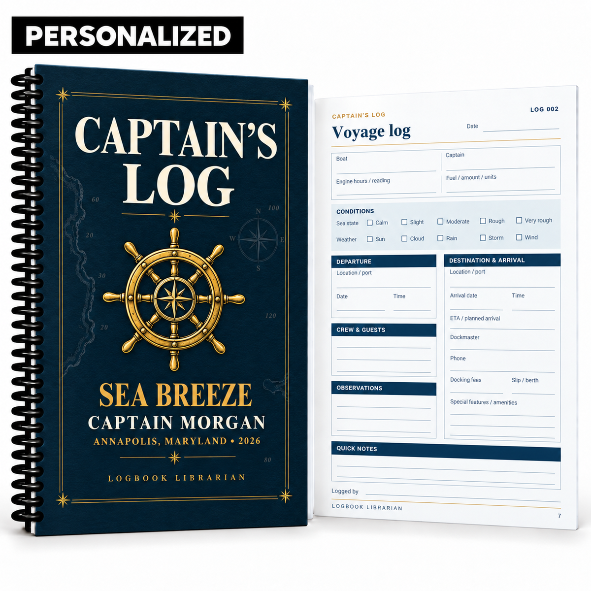 A personalized spiral-bound Captain's Log book shown alongside an included Voyage log sheet. The book cover is dark navy blue with a gold ship's wheel illustration and gold text reading 'CAPTAIN'S LOG' and 'SEA BREEZE CAPTAIN MORGAN'.