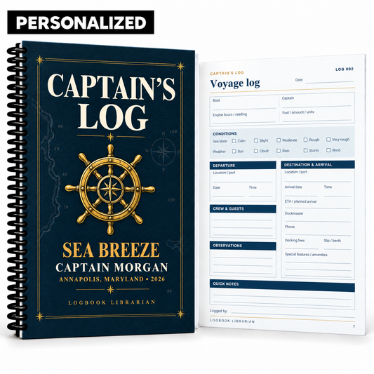 A personalized spiral-bound Captain's Log book shown alongside an included Voyage log sheet. The book cover is dark navy blue with a gold ship's wheel illustration and gold text reading 'CAPTAIN'S LOG' and 'SEA BREEZE CAPTAIN MORGAN'.