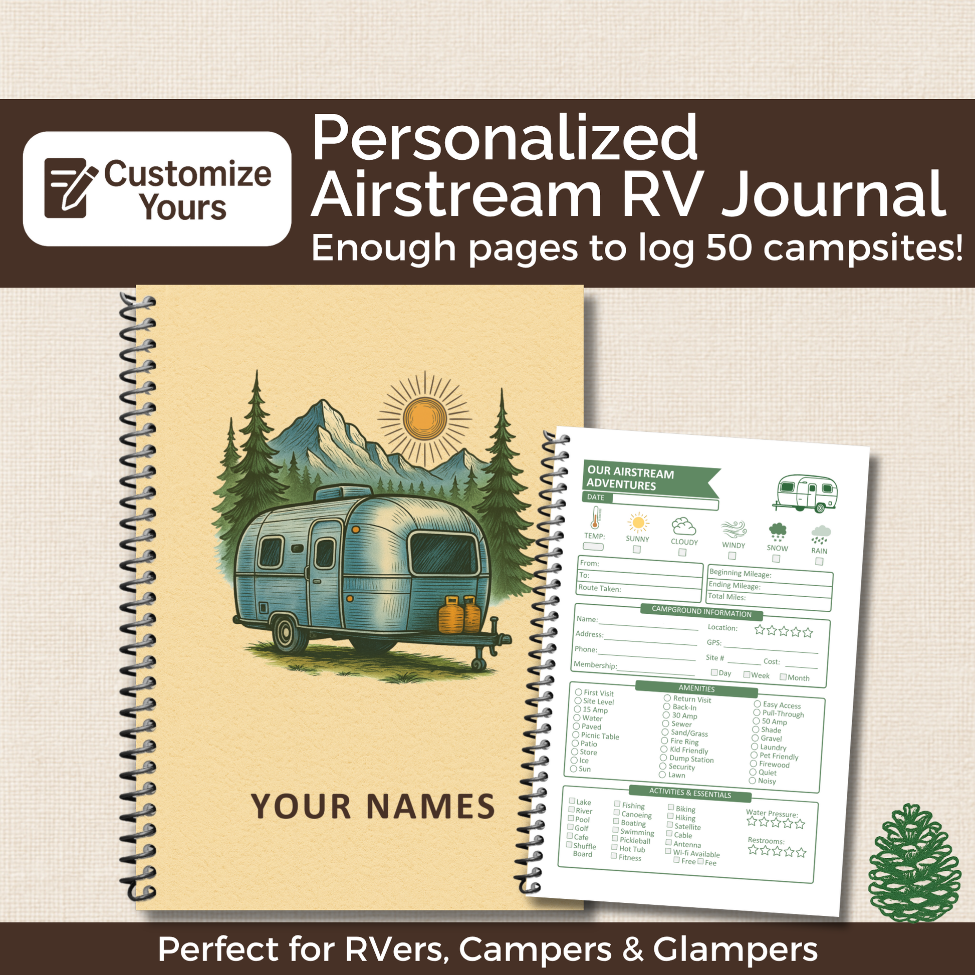 Capture every adventure in style with this Airstream RV Journal and Camping Logbook. Easily record campsite details, track mileage, plan meals, and document every RV trip. Thoughtfully designed with vintage-inspired details, this travel trailer memory book is the perfect keepsake for Airstream owners, full-time RVers, and camping enthusiasts who believe every mile is worth remembering.
