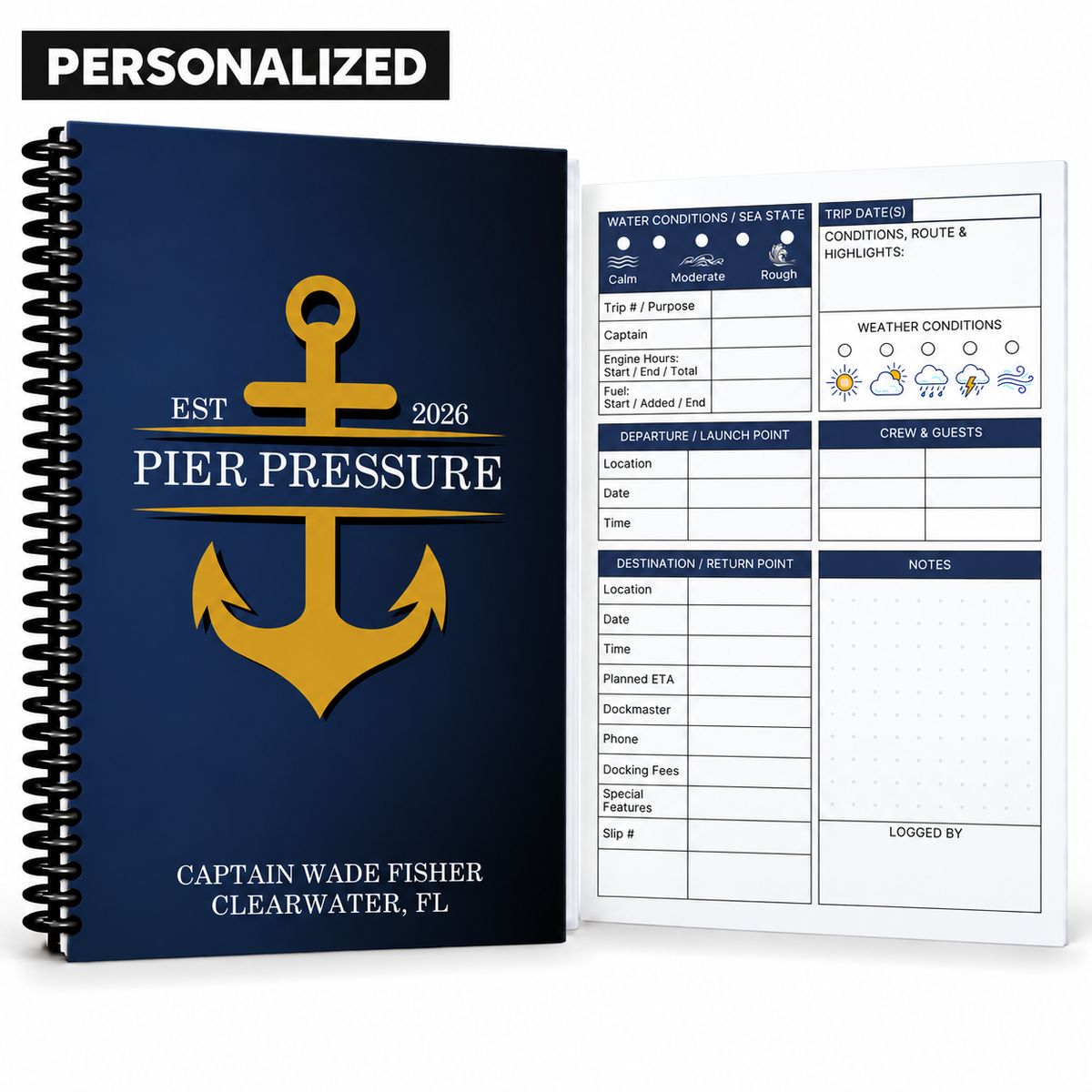 Personalized navy Captain’s Logbook with bold gold anchor, custom boat and captain names, black spiral binding, and guided boating log page.