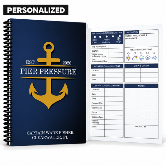 Personalized navy Captain’s Logbook with bold gold anchor, custom boat and captain names, black spiral binding, and guided boating log page.