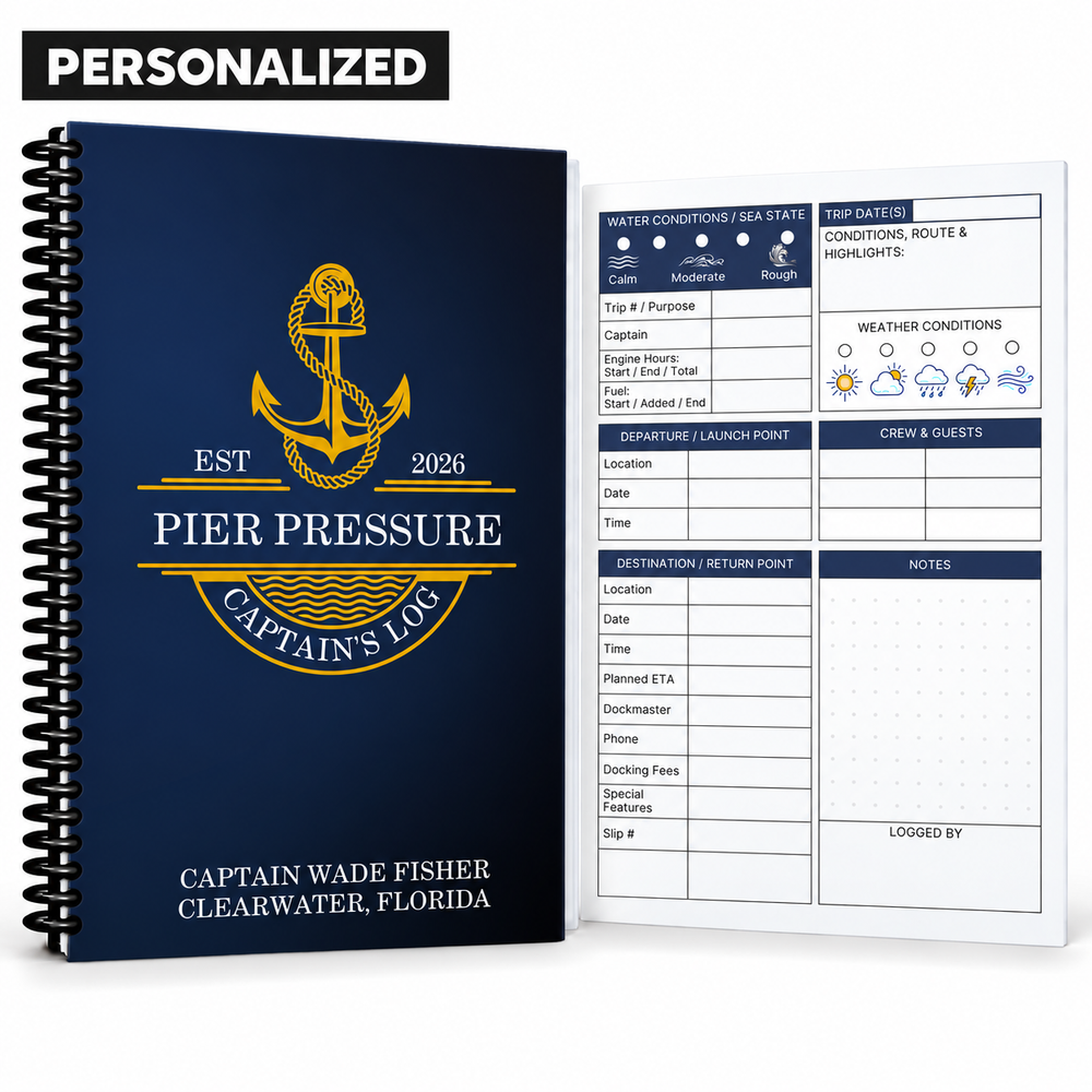 Personalized navy and gold Captain’s Logbook with “Pier Pressure” boat name, black spiral binding, and guided boating log page.