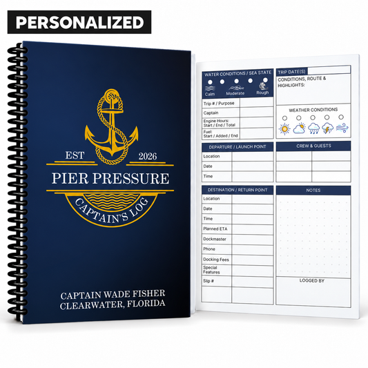 Personalized navy and gold Captain’s Logbook with “Pier Pressure” boat name, black spiral binding, and guided boating log page.