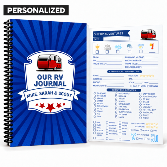 Personalized blue, red, and white spiral RV travel journal with “Mike, Sarah & Scout” on the cover beside a guided campground tracking page