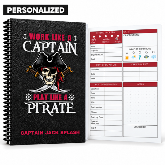 Personalized pirate Captain’s Logbook with skull and crossed swords, “Captain Jack Splash” name, black spiral binding, and red boating tracker page.