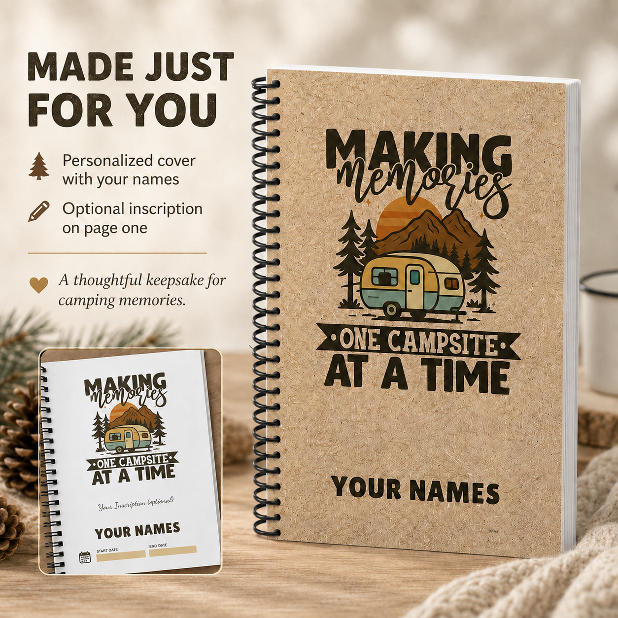 A personalized 6 x 9 camping journal featuring a rustic camper cover, black plastic coil binding, custom names, and an optional first-page inscription for a meaningful camping keepsake.