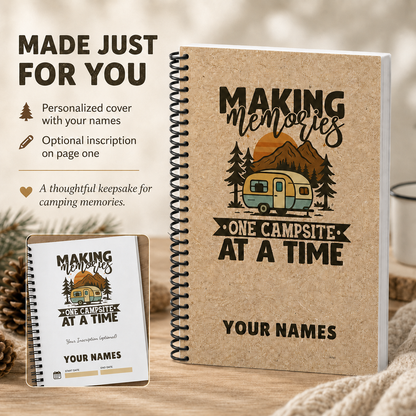 A personalized 6 x 9 camping journal featuring a rustic camper cover, black plastic coil binding, custom names, and an optional first-page inscription for a meaningful camping keepsake.