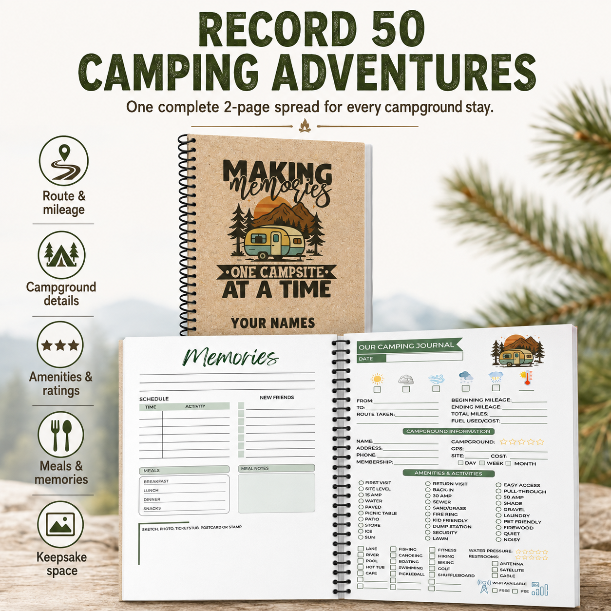 A personalized 6 x 9 RV camping journal with full-color planning pages for camping gear inventory, maintenance and repairs, trip expenses, recipes, and new camping friends.