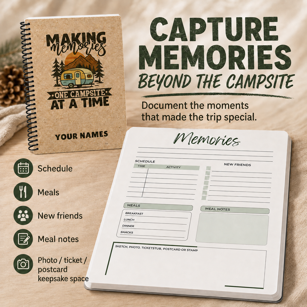 A personalized 6 × 9 RV camping journal with a black plastic coil and guided memory pages for recording trip schedules, meals, new friends, notes, photos, ticket stubs, postcards, and favorite camping memories.