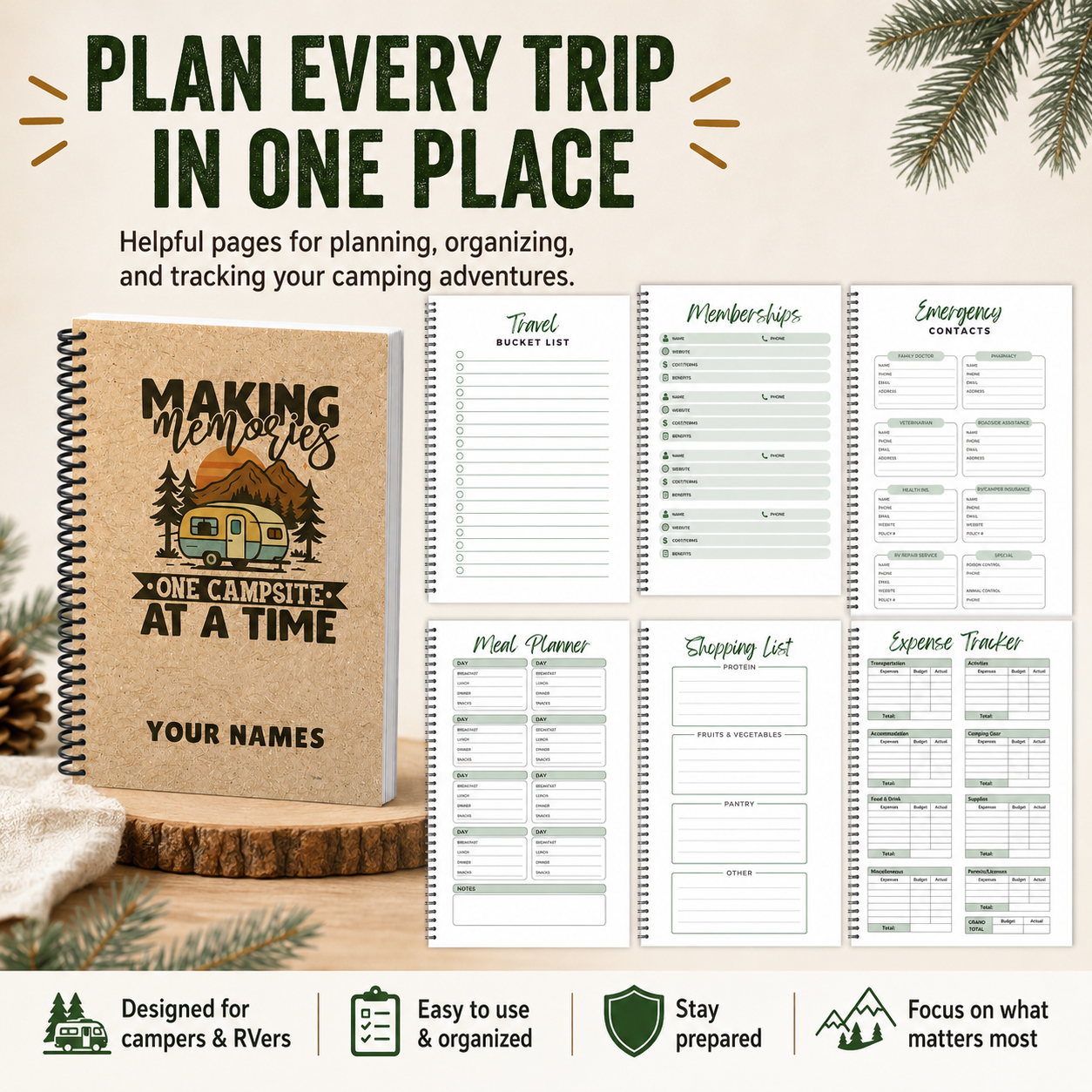 A personalized 6 x 9 RV travel journal and camping logbook with guided pages for planning trips, organizing memberships and emergency contacts, planning meals, creating shopping lists, and tracking expenses.