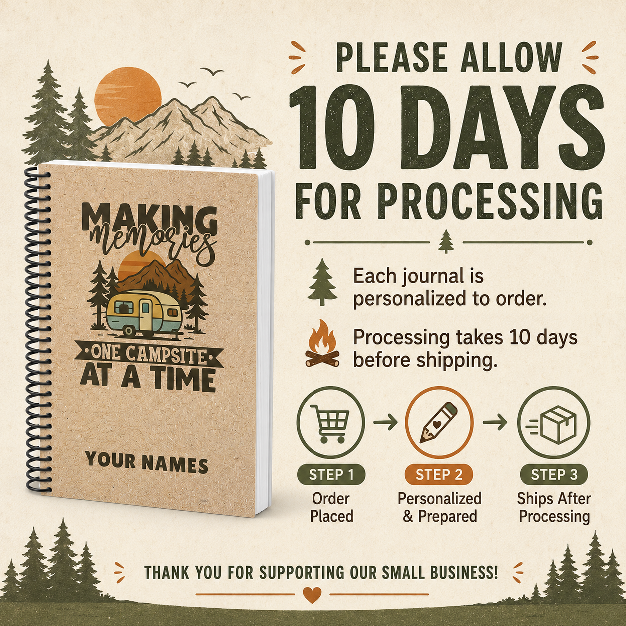A personalized RV camping journal made to order with a 10-day processing period before shipment. The image explains the order, personalization, preparation, and shipping process.