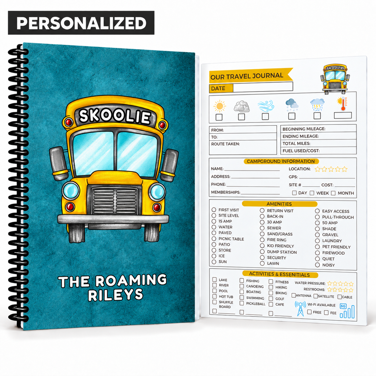 Personalized Skoolie RV travel journal with “The Roaming Rileys” cover, black spiral binding, and guided campground tracking page