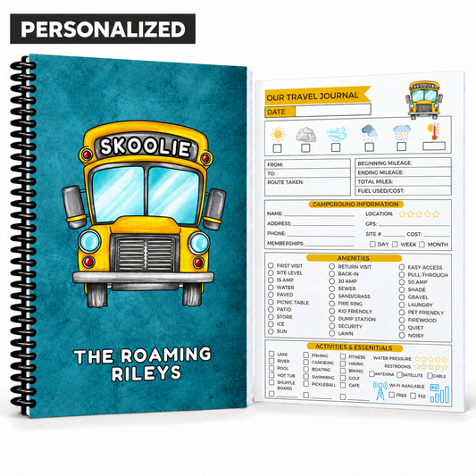 Personalized Skoolie RV travel journal with “The Roaming Rileys” cover, black spiral binding, and guided campground tracking page