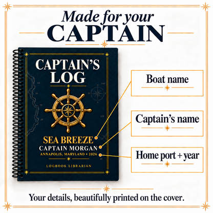 Personalized nautical captain’s log showing custom boat name, captain’s name, home port, and year inside a gold frame on a navy cover.