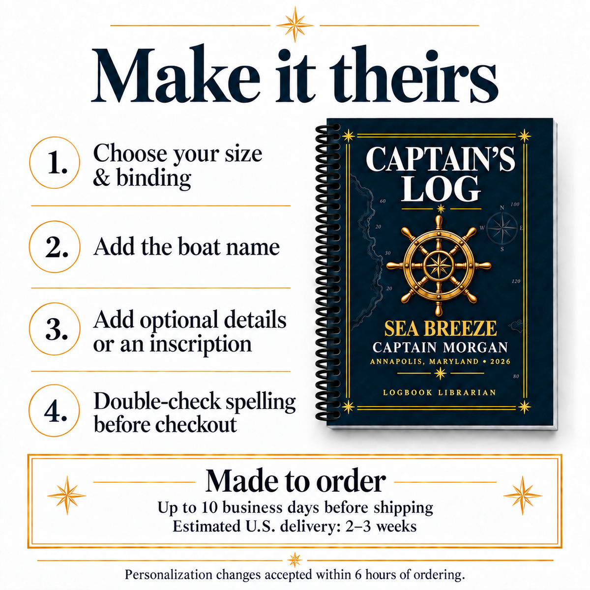 Ordering guide for a personalized captain’s logbook showing how to select size and binding, enter cover details, and add a personal inscription.