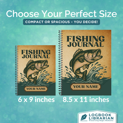 Personalized fishing journal and logbook to record fishing trips, catches, locations, weather, gear, and memories – great gift for fishermen, bass fishing, saltwater fishing, and anglers of all levels.