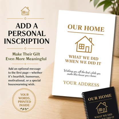 Personalized home maintenance logbook with an optional inscription printed on the first page, creating a meaningful housewarming gift.