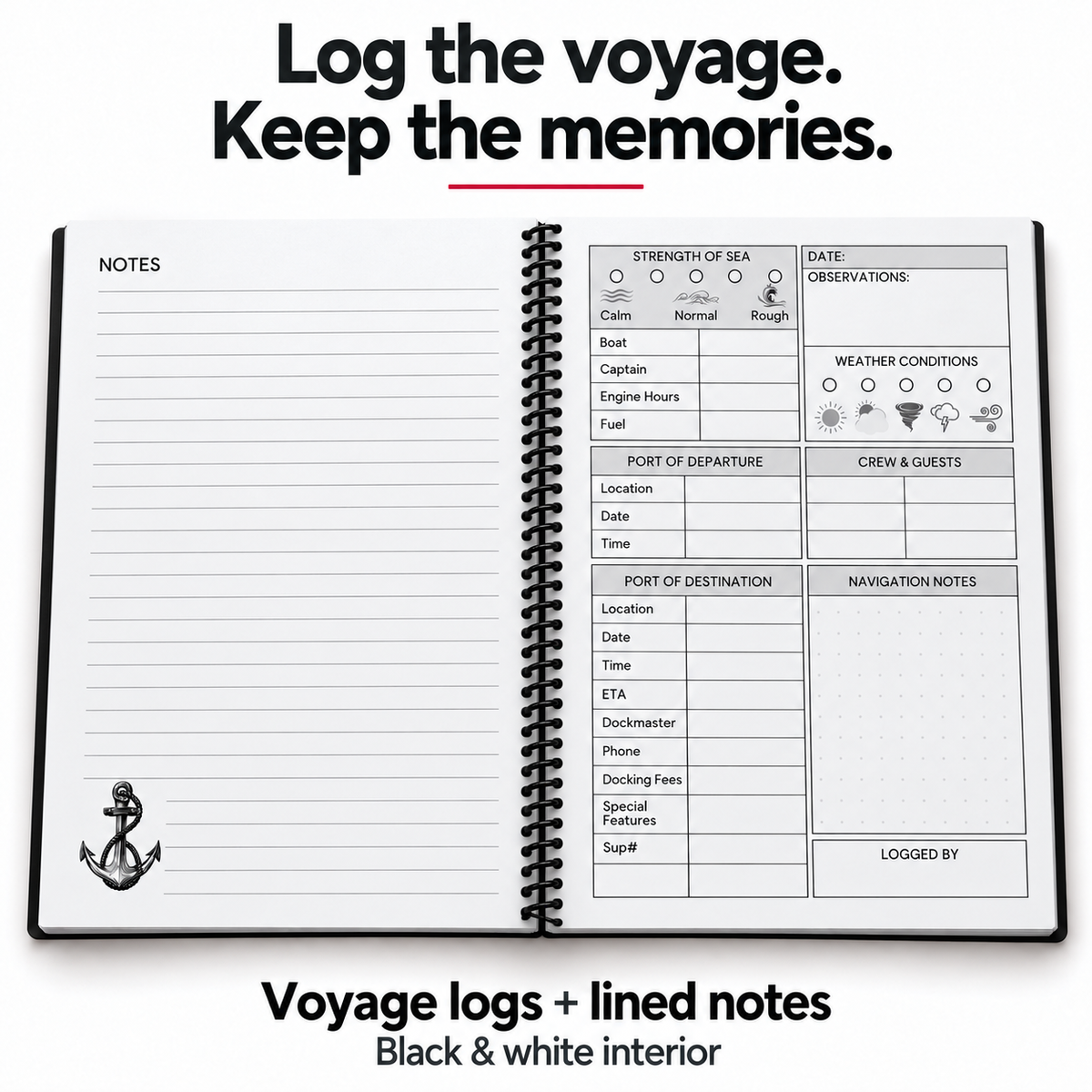Open spiral captain’s logbook showing lined notes with an anchor illustration and a black-and-white boating log page for weather, sea conditions, ports, crew, fuel, and navigation notes.