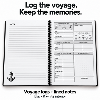 Open spiral captain’s logbook showing lined notes with an anchor illustration and a black-and-white boating log page for weather, sea conditions, ports, crew, fuel, and navigation notes.