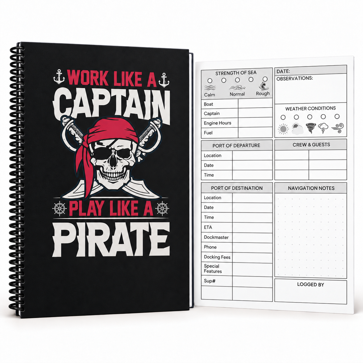 Pirate captain’s logbook with a black cover, red and white skull design, and continuous black spiral binding, shown beside a black-and-white voyage log page for recording boating trips.