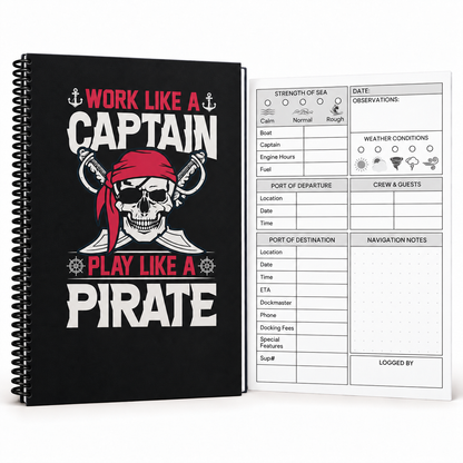 Pirate captain’s logbook with a black cover, red and white skull design, and continuous black spiral binding, shown beside a black-and-white voyage log page for recording boating trips.