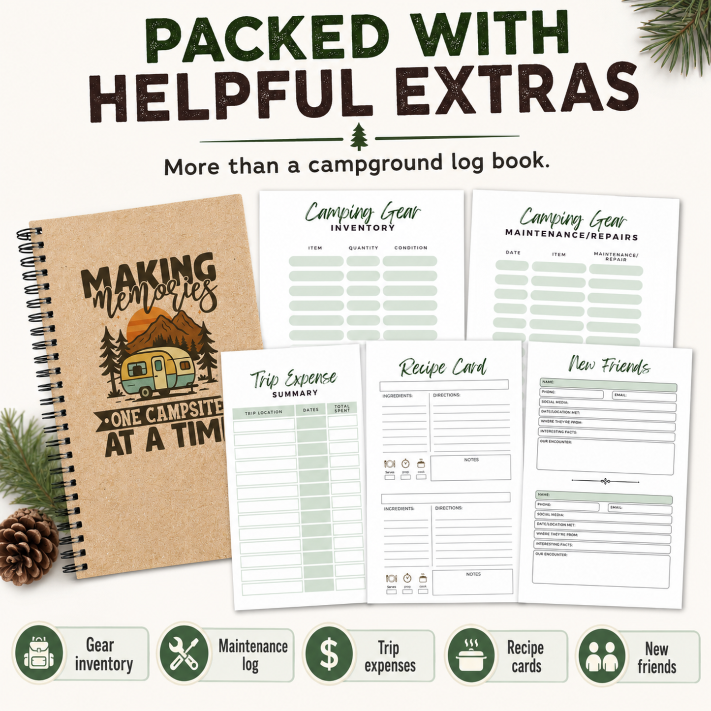 Spiral-bound camping journal shown with camping gear inventory, maintenance and repair, trip expense, recipe card, and new friends pages.