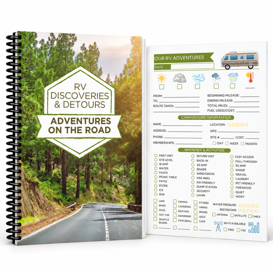 RV camping journal with spiral binding, scenic road-trip cover, and guided interior tracker page for recording routes, mileage, weather, campground details, amenities, activities, and trip notes.