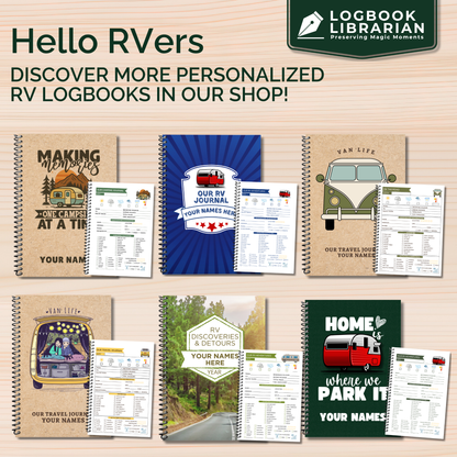 This RV travel journal and personalized road trip log book is perfect for RVers, campers, and motorhome owners who want to capture every adventure. Featuring detailed RV trip planner pages, campground logs, packing lists, checklists, and campsite trackers, this unique RV journal makes an ideal gift for couples, retirees, and anyone living the full-time RV lifestyle. Keep your memories organized and preserved in this custom RV log book 