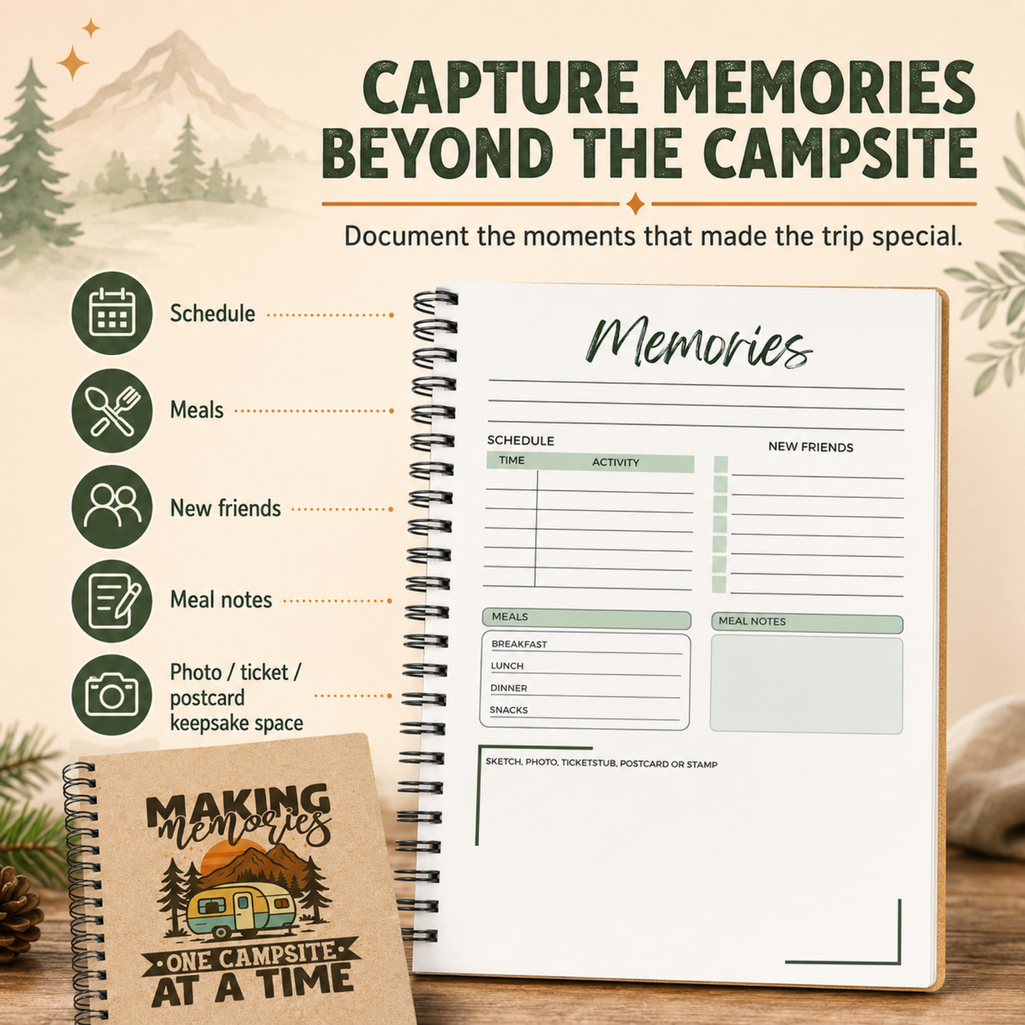 A full-color RV camping memory journal page designed to record daily activities, meals, new friends, favorite moments, photos, ticket stubs, postcards, and other trip keepsakes.