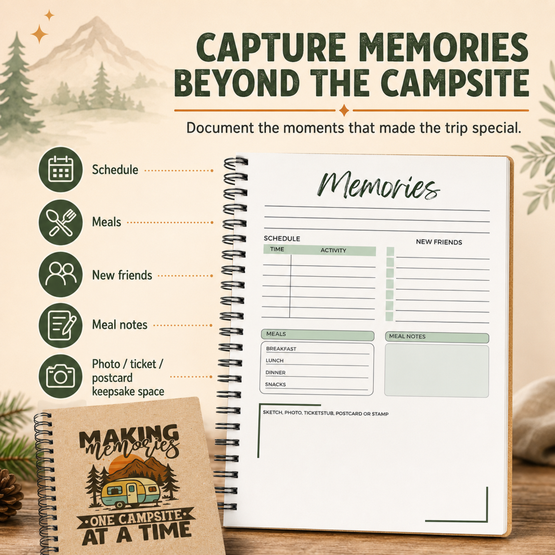 A full-color RV camping memory journal page designed to record daily activities, meals, new friends, favorite moments, photos, ticket stubs, postcards, and other trip keepsakes.