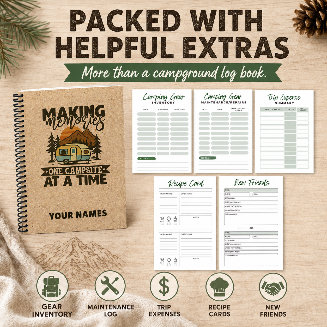 A personalized 6 x 9 RV journal and campground logbook with full-color pages for tracking camping gear, maintenance and repairs, trip expenses, favorite recipes, and new friends met while traveling.