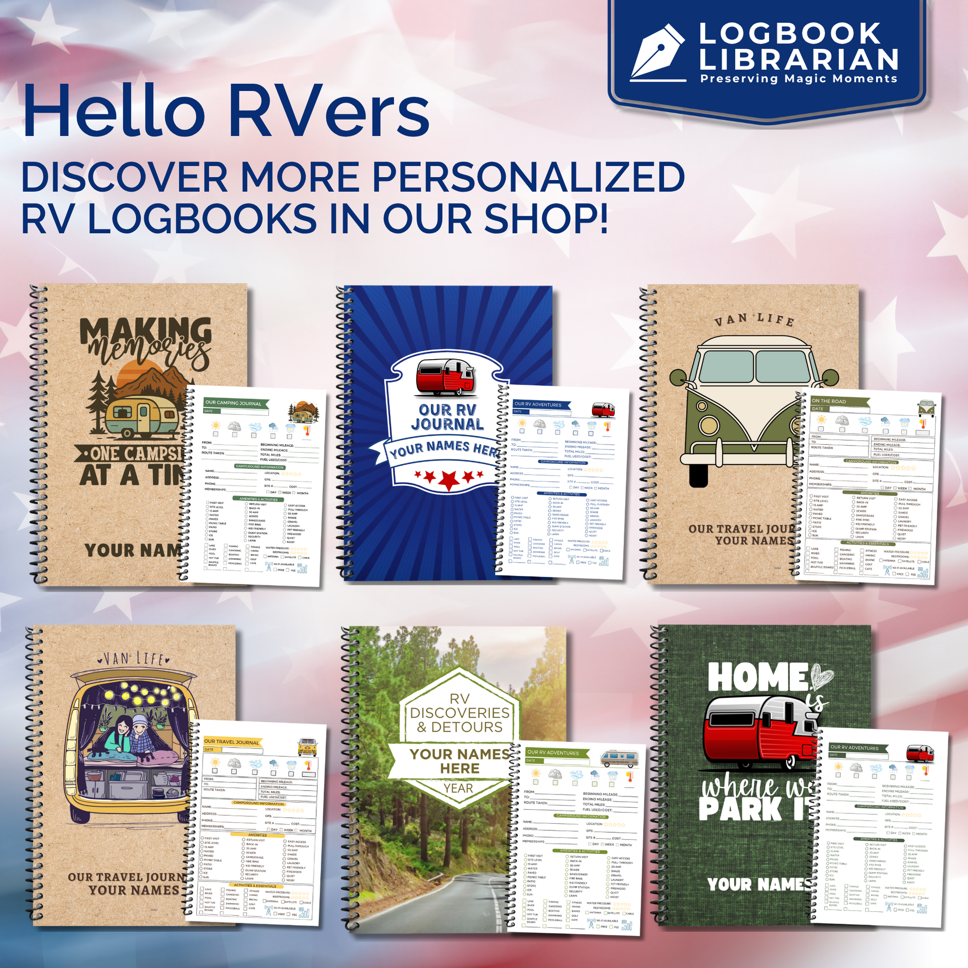 This RV travel journal and personalized road trip log book is perfect for RVers, campers, and motorhome owners who want to capture every adventure. Featuring detailed RV trip planner pages, campground logs, packing lists, checklists, and campsite trackers, this unique RV journal makes an ideal gift for couples, retirees, and anyone living the full-time RV lifestyle. Keep your memories organized and preserved in this custom RV log book designed for unforgettable road trips across the USA.