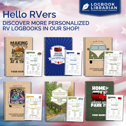 This RV travel journal and personalized road trip log book is perfect for RVers, campers, and motorhome owners who want to capture every adventure. Featuring detailed RV trip planner pages, campground logs, packing lists, checklists, and campsite trackers, this unique RV journal makes an ideal gift for couples, retirees, and anyone living the full-time RV lifestyle. Keep your memories organized and preserved in this custom RV log book designed for unforgettable road trips across the USA.