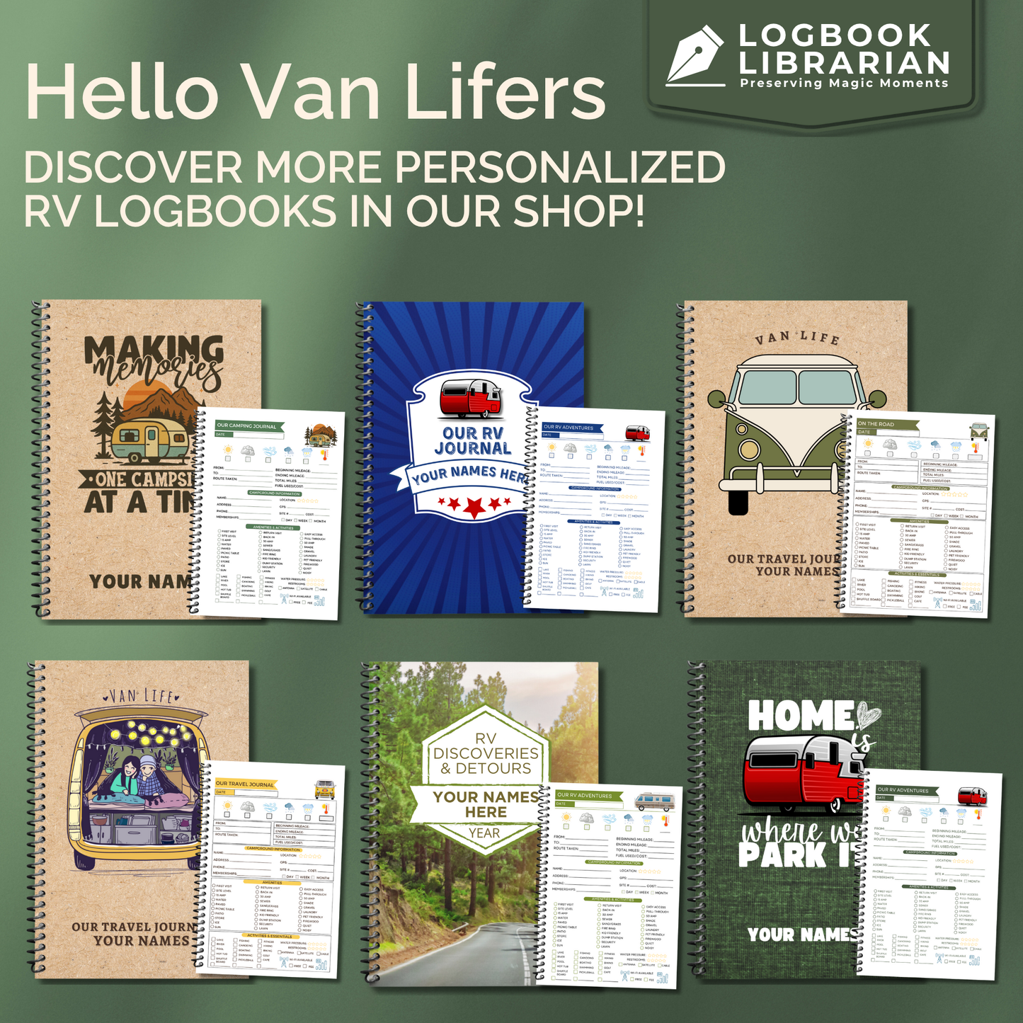 Personalized Van Life RV travel journal and custom camping logbook to track road trips, campsites, and memories. This RV life trip planner and adventure log makes a thoughtful gift for couples, retirees, and campers. A unique travel memory book and camping gift idea for Vanlife RV enthusiasts.