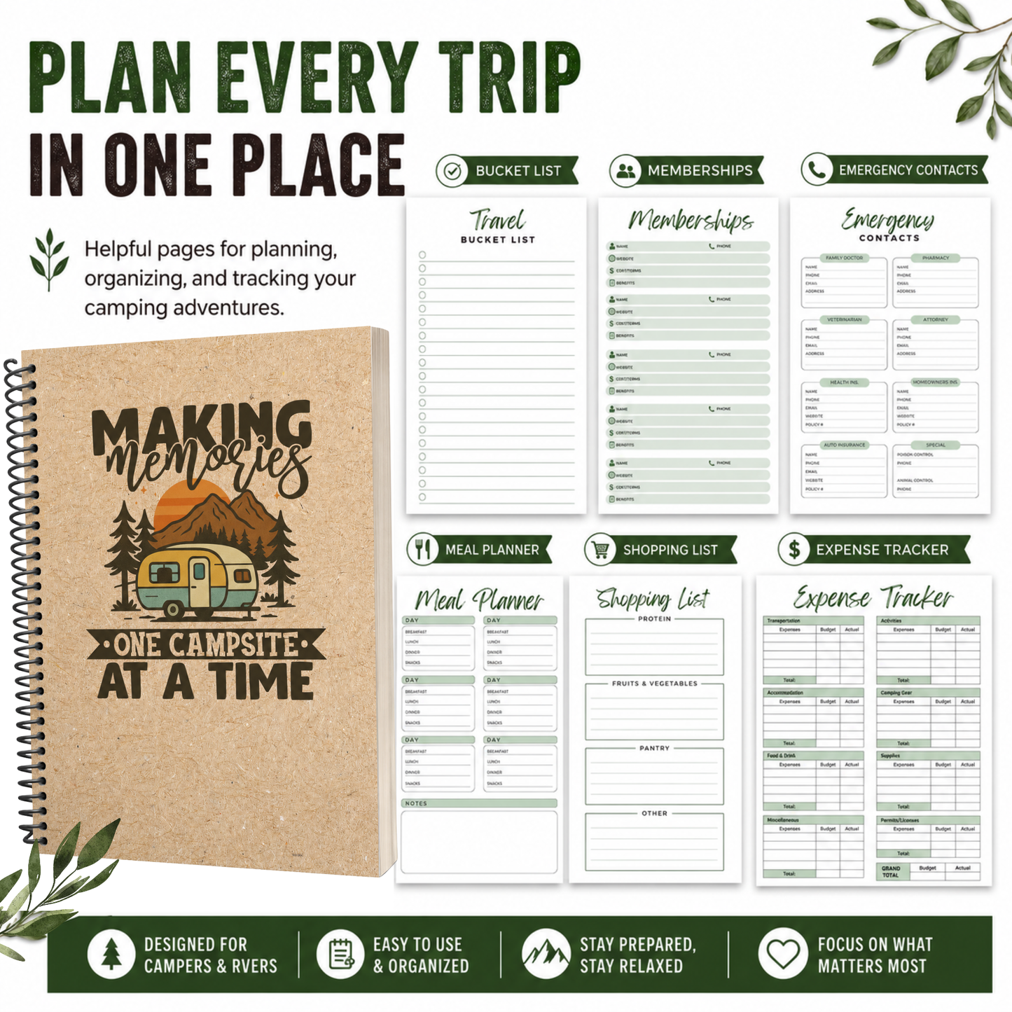 A full-color RV trip planner and campground journal with organized pages for travel goals, camping memberships, emergency contacts, meals, shopping, and trip expenses.
