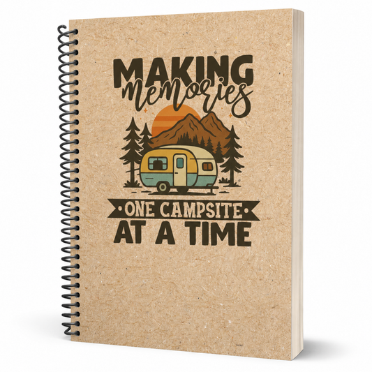 Front cover of a spiral-bound camping journal featuring a vintage camper, mountains, pine trees, and the quote Making Memories One Campsite at a Time.