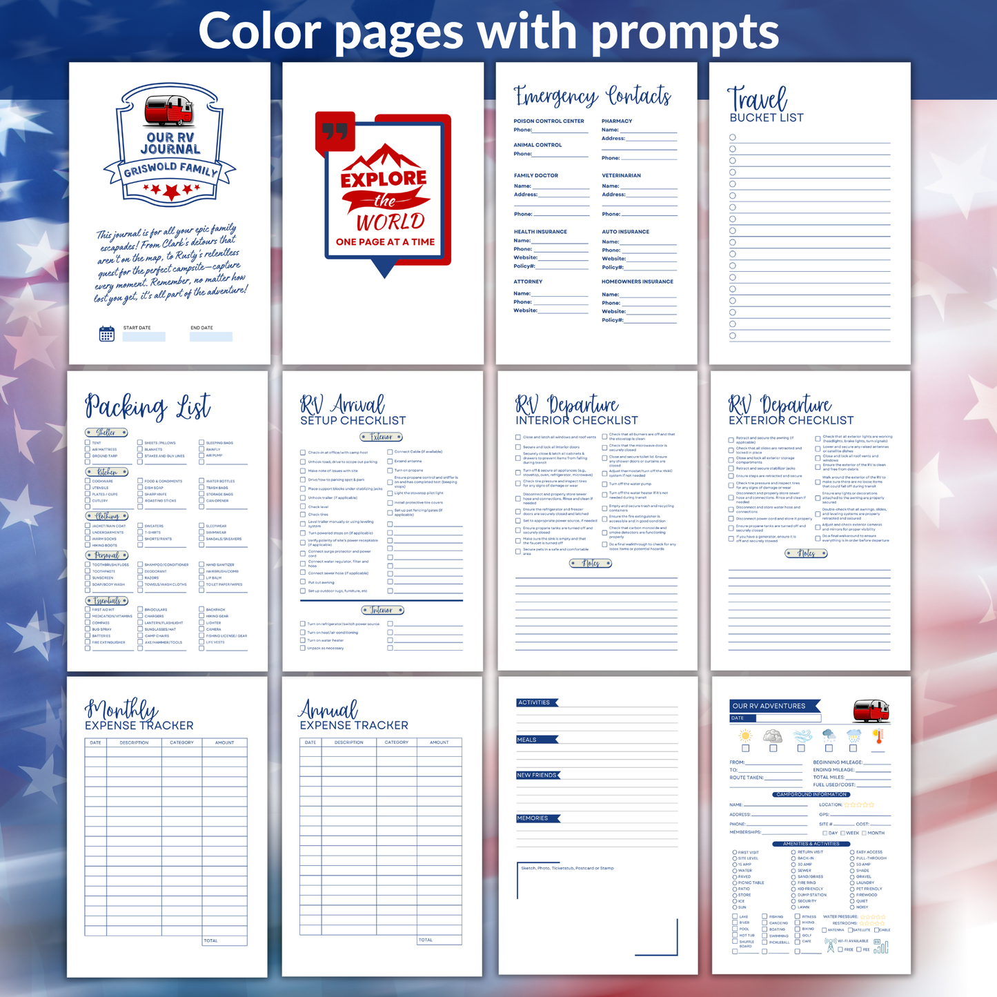 This RV travel journal and personalized road trip log book is perfect for RVers, campers, and motorhome owners who want to capture every adventure. Featuring detailed RV trip planner pages, campground logs, packing lists, checklists, and campsite trackers, this unique RV journal makes an ideal gift for couples, retirees, and anyone living the full-time RV lifestyle. Keep your memories organized and preserved in this custom RV log book designed for unforgettable road trips across the USA.