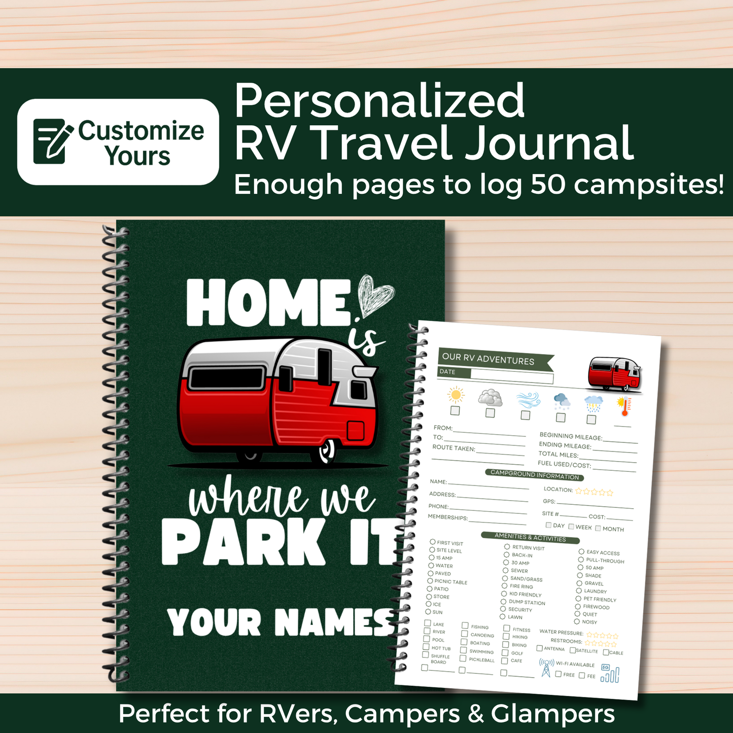 This RV travel journal and personalized road trip log book is perfect for RVers, campers, and motorhome owners who want to capture every adventure. Featuring detailed RV trip planner pages, campground logs, packing lists, checklists, and campsite trackers, this unique RV journal makes an ideal gift for couples, retirees, and anyone living the full-time RV lifestyle. Keep your memories organized and preserved in this custom RV log book 