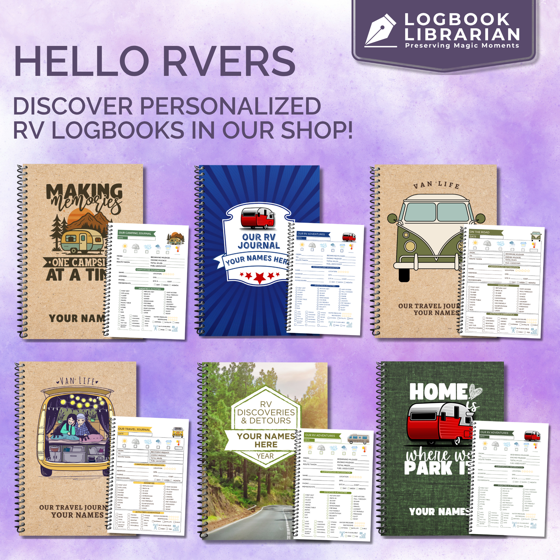 Van Life Travel Journal with illustrated camper van cover and detailed trip planner pages to log campsites, activities, memories, and RV adventures.