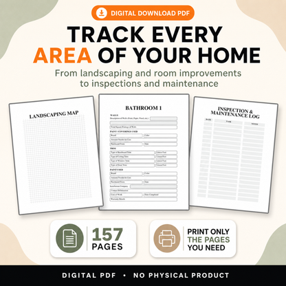 Digital home maintenance planner featuring printable pages for landscaping, room improvements, inspections, repairs, and ongoing maintenance. Includes 157 pages to print as needed. No physical product.