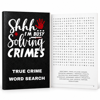 True Crime Word Search paperback with a black “Shhh… I’m Busy Solving Crimes” cover beside an interior word-search puzzle and word list.