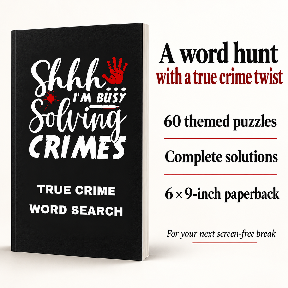 True Crime Word Search paperback puzzle book for adults featuring a black crime-themed cover and sample word search activities inspired by mysteries and investigations.