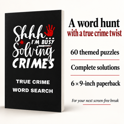 True Crime Word Search paperback puzzle book for adults featuring a black crime-themed cover and sample word search activities inspired by mysteries and investigations.