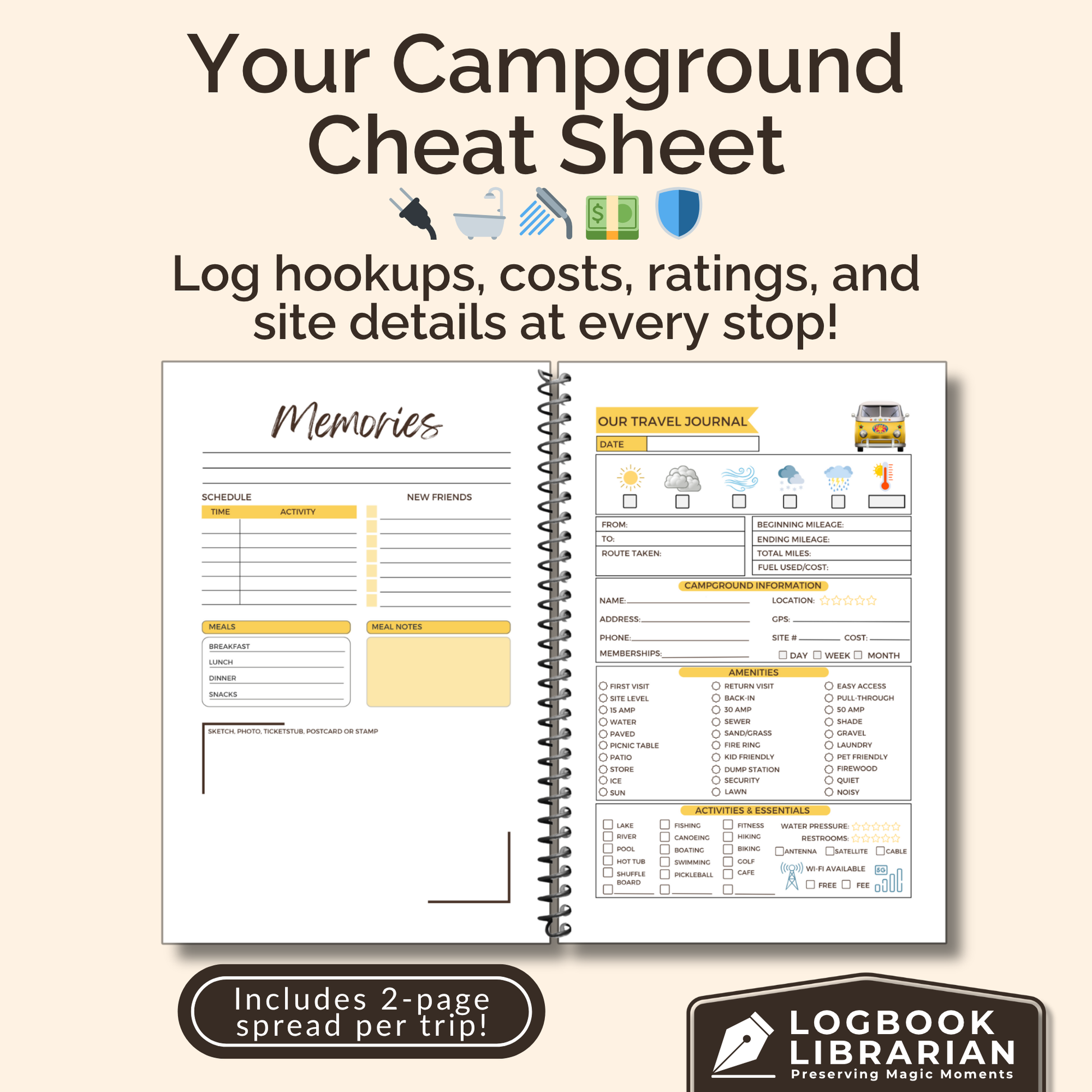 Personalized Van Life Journal with custom cover, travel logbook pages, trip planner, maintenance checklist, and memory sections for RV and road trip adventures.